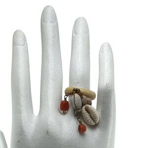 Boho Shell Ring with Red Beads Cowrie Dangle Adjustable Tribal Jewelry Size 5